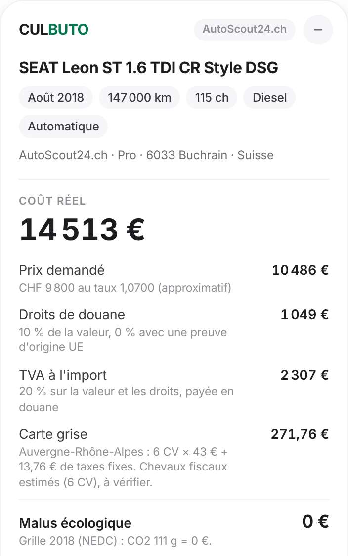 Panneau Culbuto sur une annonce AutoScout24.ch : prix converti en euros, douane, TVA, carte grise et malus