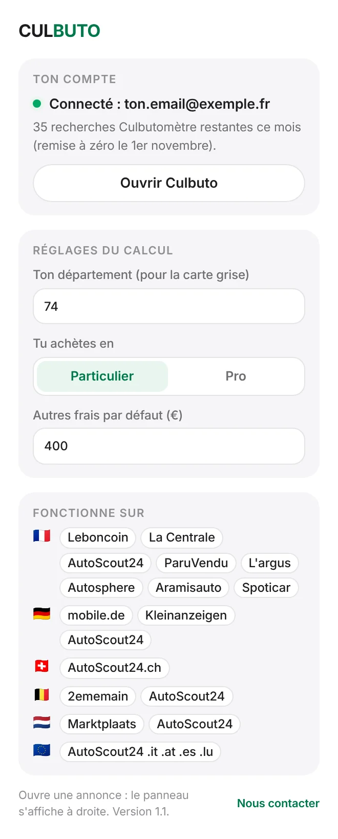 Fenêtre de l'extension Culbuto : ton compte, ton département, particulier ou pro, et les sites pris en charge